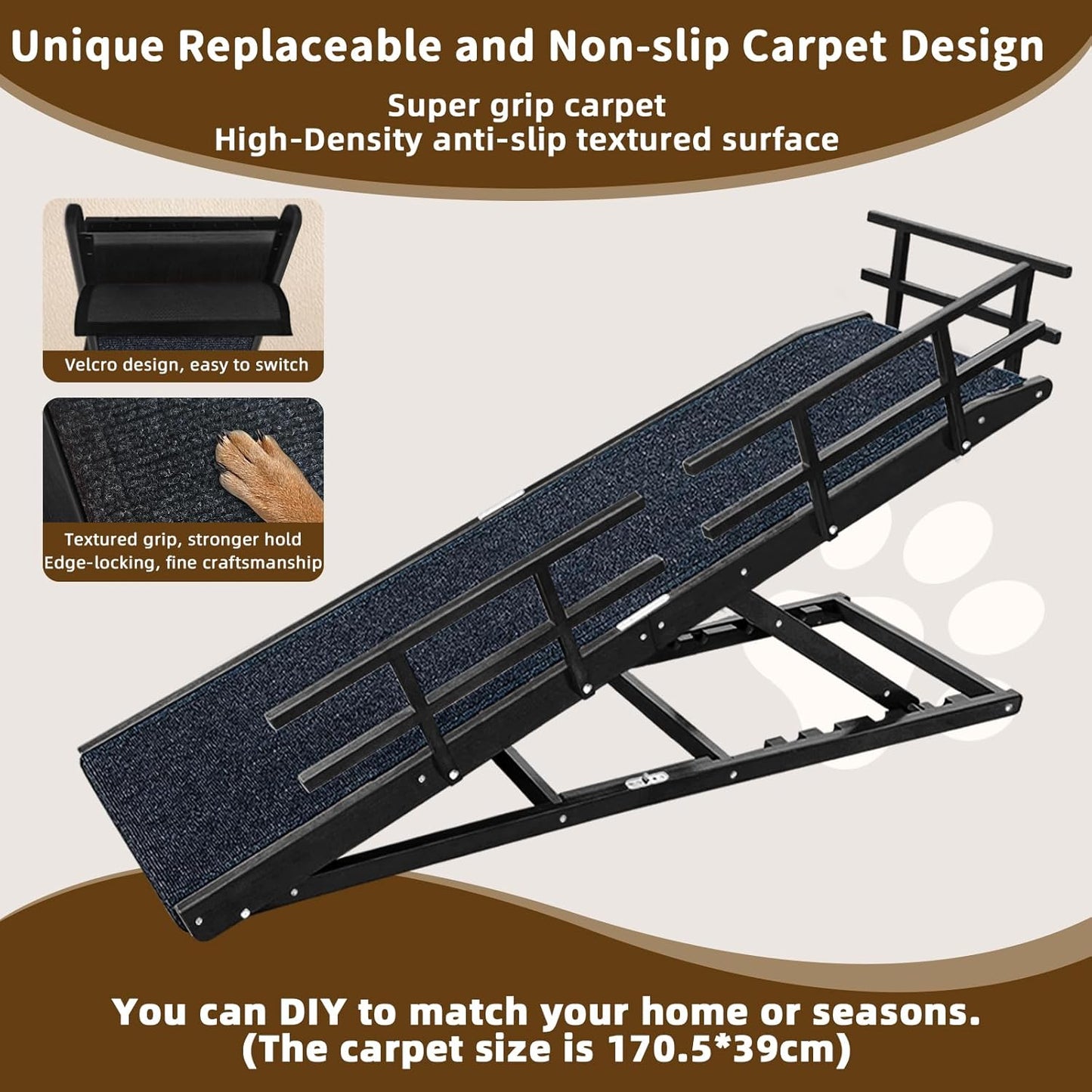 Dog Ramp for Bed - 65" Length, Supports up to 32" Height,Includes Non-Slip Replaceable Carpet, Safety Rails & Landing Platform,Adjustable & Foldable Pet Ramp for Large/Senior Dogs to Get on Bed-Black