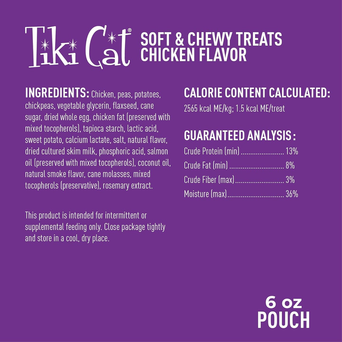 Tiki Cat Soft & Chewy Treats, Chicken Flavor, 3 Calories Per Treat with Grain-Free and No Added Gluten, 6 oz Pouch (Pack of 1)