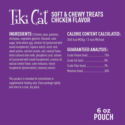 Tiki Cat Soft & Chewy Treats, Chicken Flavor, 3 Calories Per Treat with Grain-Free and No Added Gluten, 6 oz Pouch (Pack of 1)