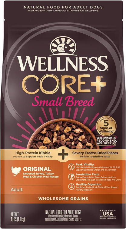 Wellness CORE+ Dry Dog Food with Freeze Dried Pieces, Small Breed, Wholesome Grains, High Protein, Natural, Original Turkey & Chicken Recipe, (4-Pound Bag)