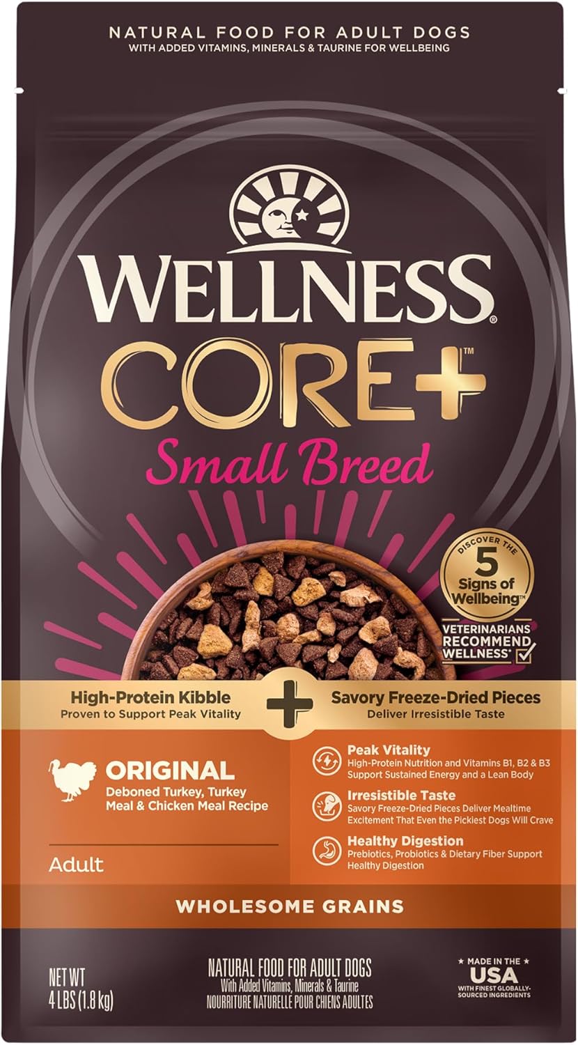 Wellness CORE+ Dry Dog Food with Freeze Dried Pieces, Small Breed, Wholesome Grains, High Protein, Natural, Original Turkey & Chicken Recipe, (4-Pound Bag)