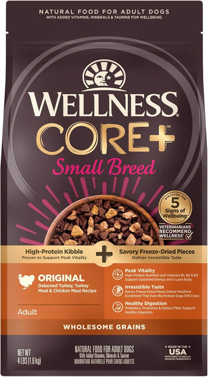 Wellness CORE+ Dry Dog Food with Freeze Dried Pieces, Small Breed, Wholesome Grains, High Protein, Natural, Original Turkey & Chicken Recipe, (4-Pound Bag)