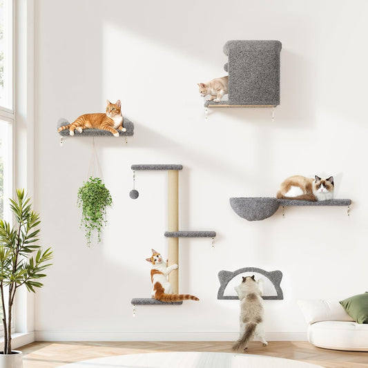 5-in-1 Cat Wall Shelves, Solid Wood & Velvet & Sisal Scratcher, 44lbs Max Load, Wall Mounted Cat Furniture for Climbers, Cat Climbing Wall System, Fits Drywall & Solid Walls - Light Gray