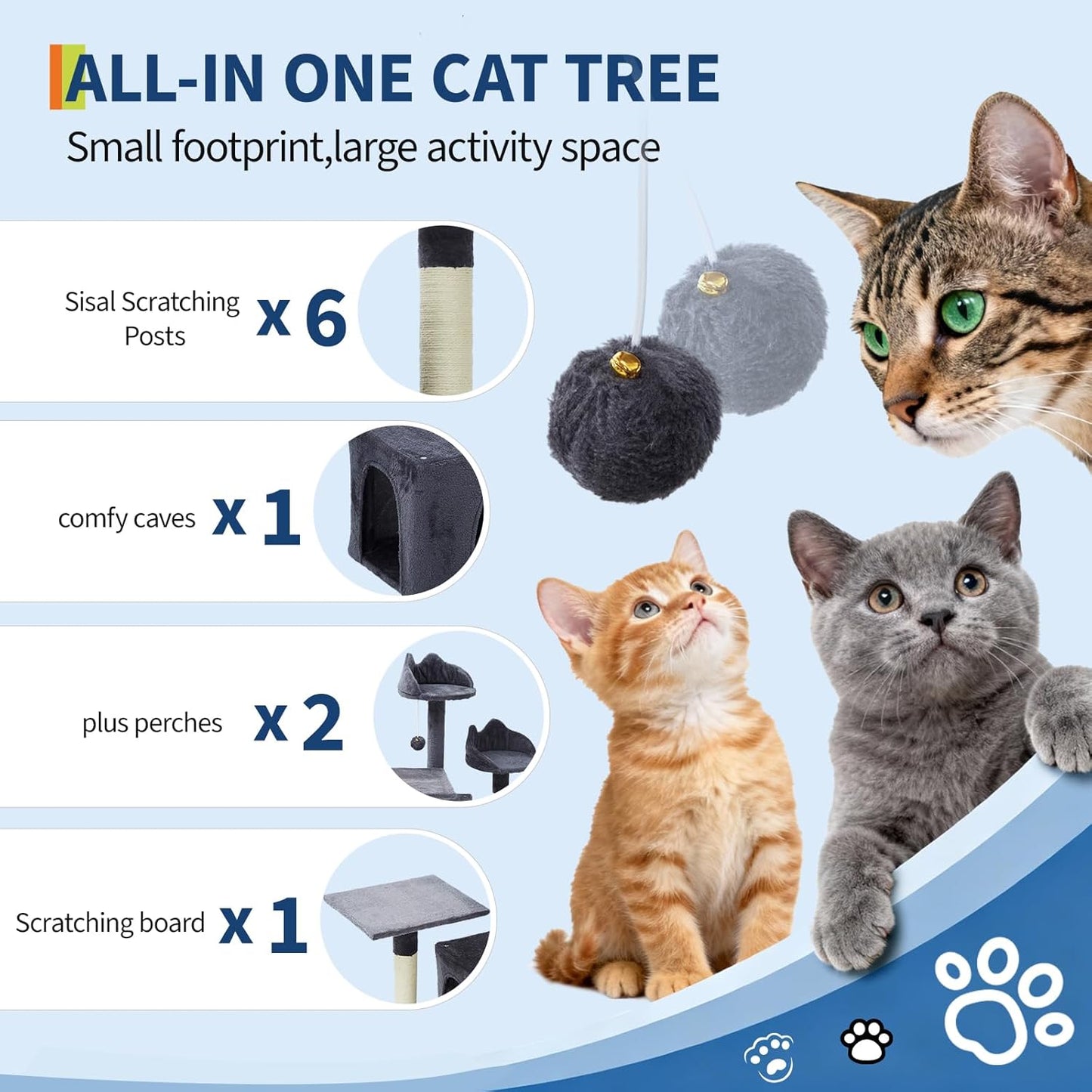 72" Cat Tree for Large Cats, Tall Cat Tower with 6 Scratching Posts, Large Top Perch, Balls & Sturdy Heavy Duty House for Adult Big Indoor Cats