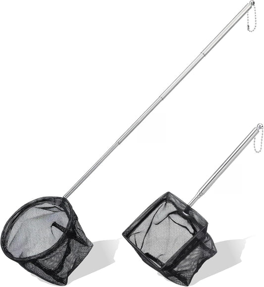 2 Pcs Small Fish Net for Fish Tank, Fishing Tank Net Small with 5-16 Inch Stainless Steel Long Handle Extendable Fine Mesh Aquarium Nets for Fishes Shrimp Pond Creek, 3In 4In