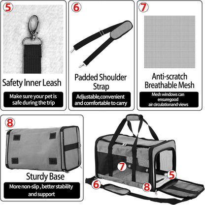 Soft Sided Cat/Dog Carrier，Collapsible Mesh Pets Travel Carriers for Pet/Puppy with Shoulder Strap & Removable Mat，Top Load Small Dogs/Cats Carry Bag Up to 25 Lbs（Grey - L）