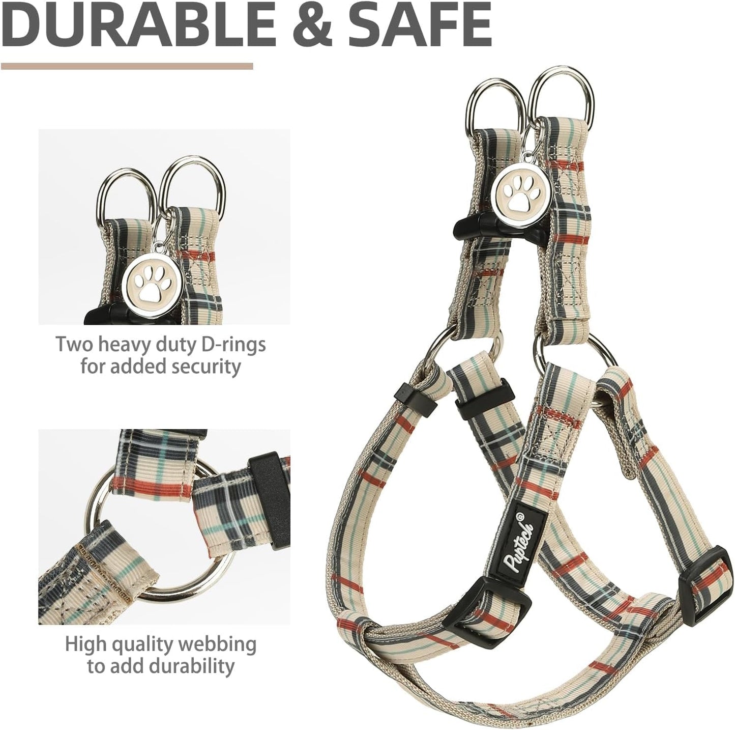 PUPTECK No Pull Dog Harness Soft Adjustable Basic Nylon Step in Puppy Vest Outdoor Walking with ID Tag, Plaid Beige, XS