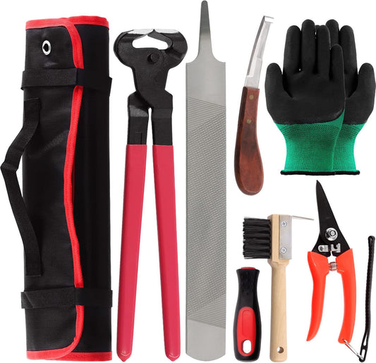 Swpeet 8Pcs Professional Farrier Tools Value Kit with Roll Pack, Horses Hoof Trimmers Shears Tools, Hoof Cutter, Farrier Rasp File and Rubber Handle, Hoof Nipper, Horseshoe Brush, Hoof Knife