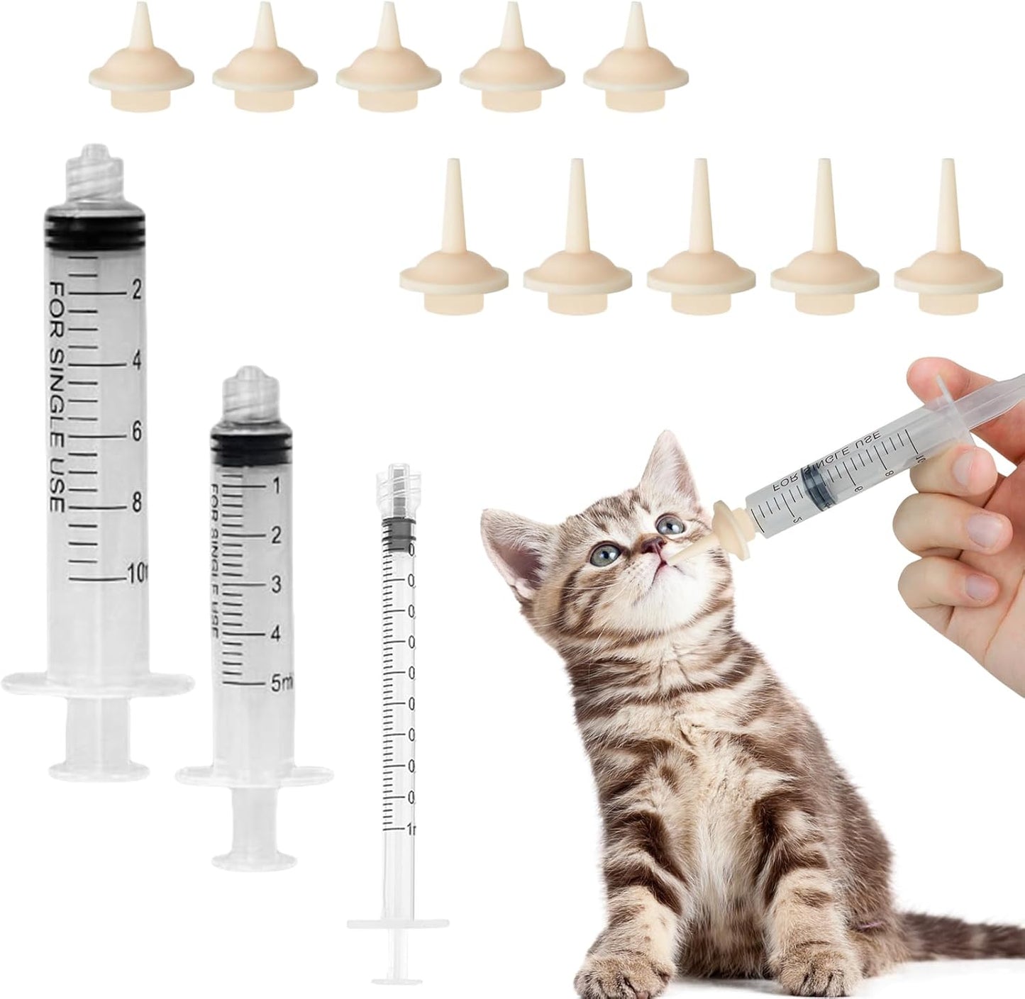 Pet Feeding Set-10 Pcs Silicone Feeding Nursing Nipple and 1ML/5ML/10ML Feeding Syringe, Pet Nursing Feeding Tools for Kittens Puppies Newborn Animals (1ml+5ml+10ml+10 Nipple)