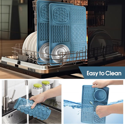 Dog Lick Mat for Small Dogs Cats, 13.8 x 9 Inches Silicone Slow Feeder Dog Licking Mat with Bowls, Peanut Butter Feeding Mat for Anxiety Relief, Reduce Boredom, Improve Eating Habit (Blue)