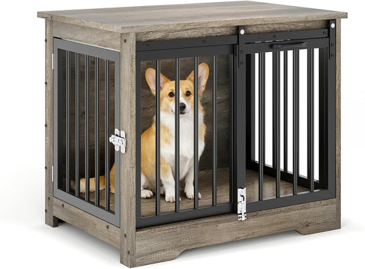 32" Dog Crate Furniture with Barn Doors for Small & Medium Dogs, Wooden Indoor Pet Kennel Furniture, Double Door Dog Cage & Side Table, Heavy Duty Chew & Escape Resistant