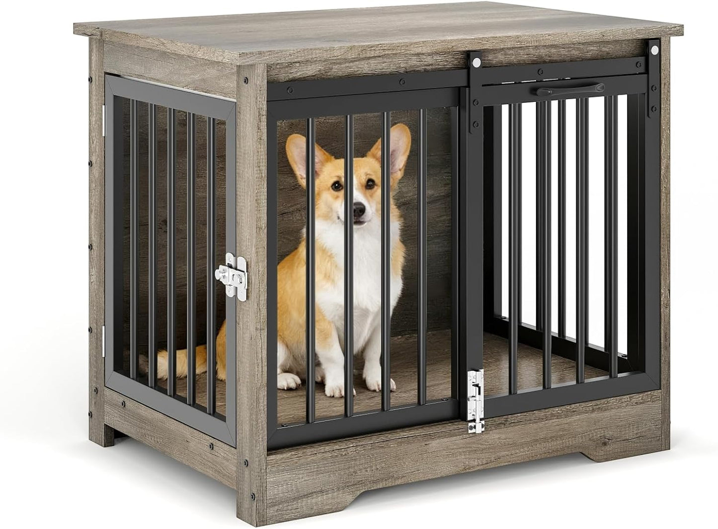 32" Dog Crate Furniture with Barn Doors for Small & Medium Dogs, Wooden Indoor Pet Kennel Furniture, Double Door Dog Cage & Side Table, Heavy Duty Chew & Escape Resistant