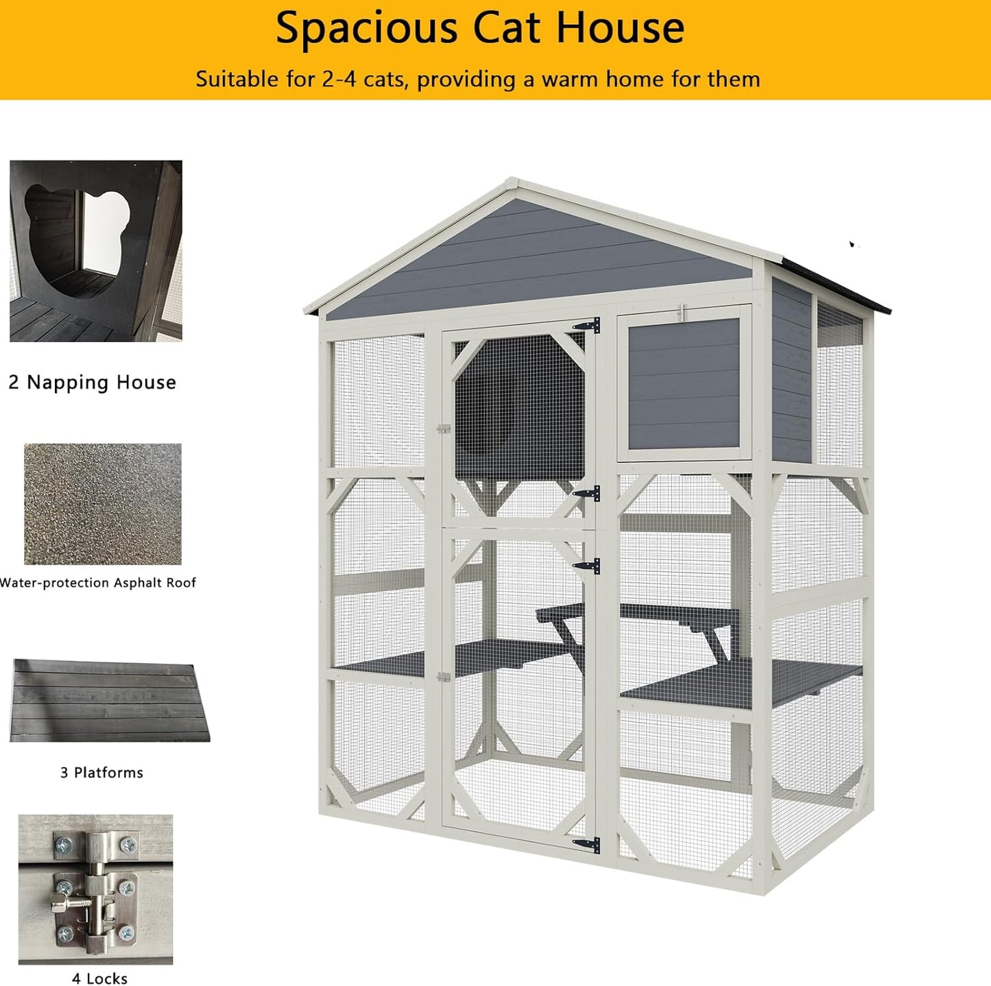 71" Large Wood Catio Outdoor Cat Enclosure, Outdoor Cat Cage with Weatherproof Roof,Wooden Walk in Cat Shelter 3 Platforms & 2 Resting Box (Brown+White)