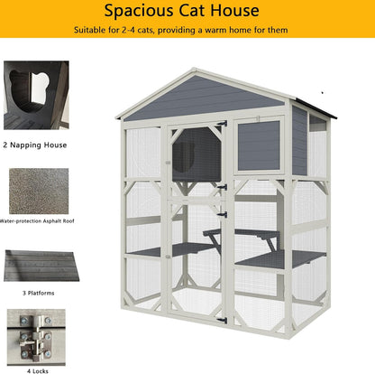 71" Large Wood Catio Outdoor Cat Enclosure, Outdoor Cat Cage with Weatherproof Roof,Wooden Walk in Cat Shelter 3 Platforms & 2 Resting Box (Brown+White)