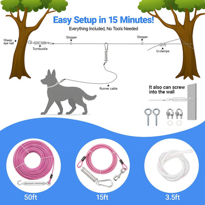 Dog Tie Out Runner for Yard - All-in-One Dog Run Solution with 15FT Tie Out Cable for Dogs, Heavy Duty Trolley System for Large Dogs Up to 250LBS, 50FT for Camping