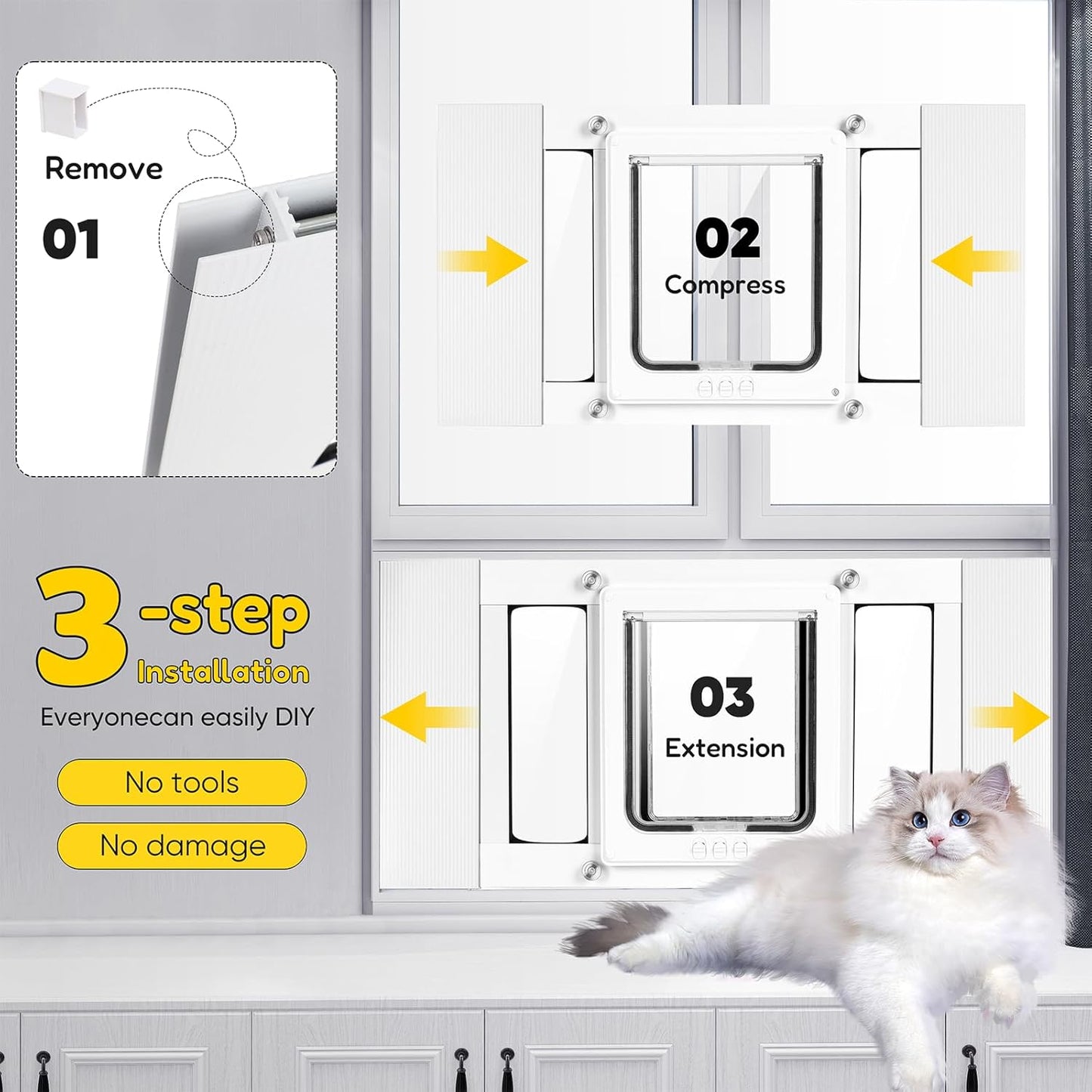 Compact Window Pet Door for Cat Only, Width Adjustable Design Fits Various Sliding Windows, 10-Min Install, Aluminum Frame, HD High-Transparency Glass, Magnetic Close, Weatherproof Design