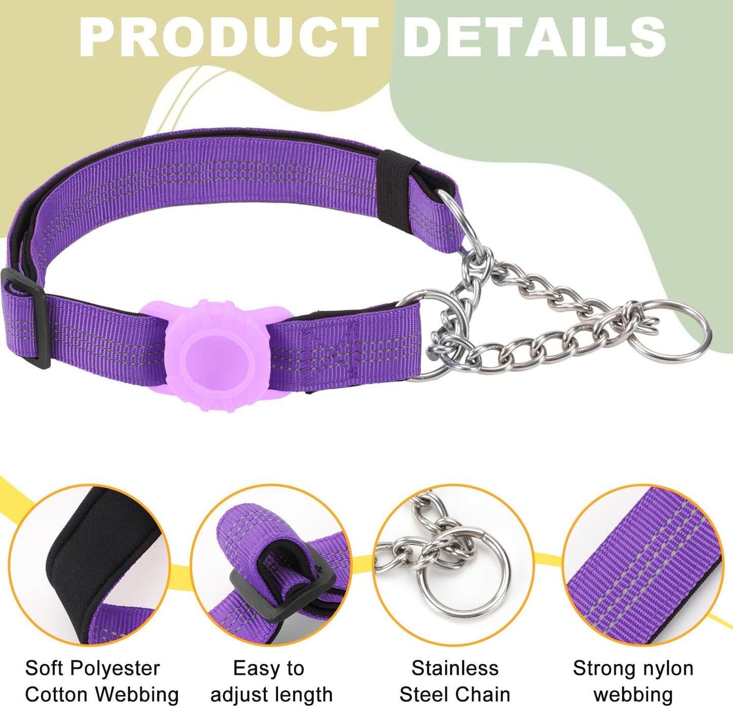 Cymiler Martingale Dog Collar with AirTag Holder, Reflective Nylon Training Collar, Stainless Steel Chain, Heavy Duty Buckle, Limited Slip Collars for Small Medium Large Dogs (Purple, Large)