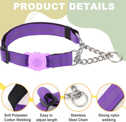Cymiler Martingale Dog Collar with AirTag Holder, Reflective Nylon Training Collar, Stainless Steel Chain, Heavy Duty Buckle, Limited Slip Collars for Small Medium Large Dogs (Purple, Large)