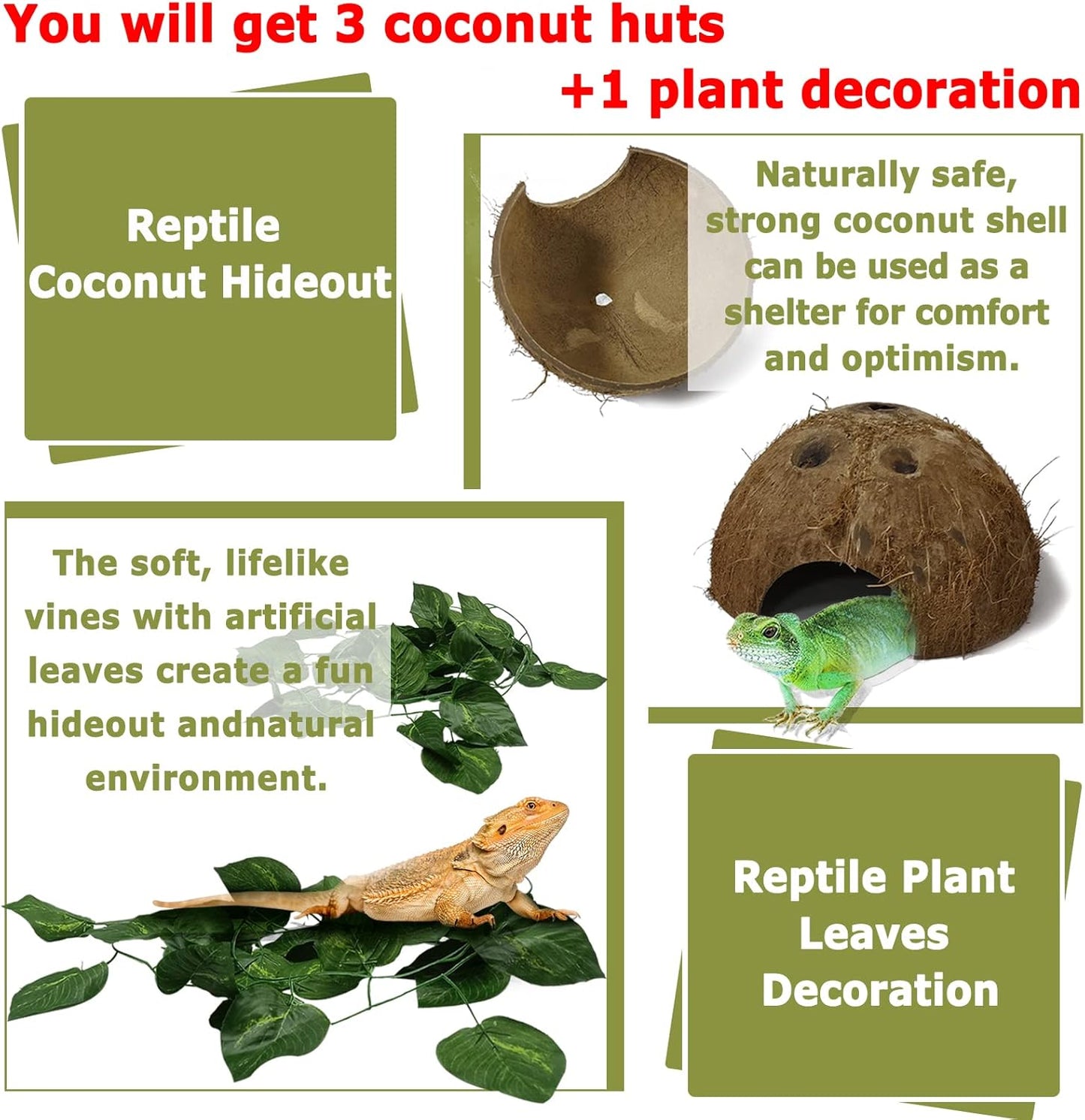 Hamiledyi Reptile Hide Box Gecko Hideout Cave with Sink Humidifier and 4 Pcs Reptile Hideouts Natural Coconut Shells Hut Hermit Crab Climbing Toys for Spider Snake Chameleon