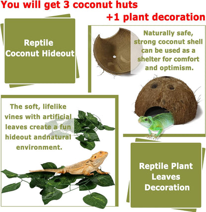Hamiledyi Reptile Hide Box Gecko Hideout Cave with Sink Humidifier and 4 Pcs Reptile Hideouts Natural Coconut Shells Hut Hermit Crab Climbing Toys for Spider Snake Chameleon