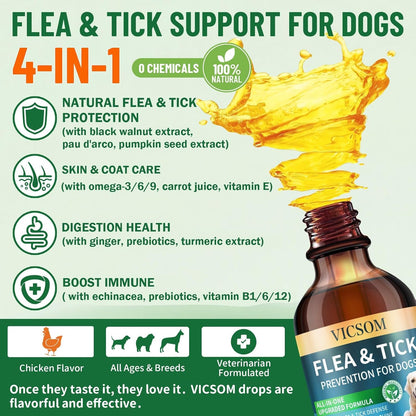 Natural Flea and Tick Prevention for Dogs, Oral Herbal Dog Flea and Tick Treatment Drops with Pumpkin Seed & Black Walnut for Dogs, Skin & Coat Care - Digestive & Immune for All Breeds and Ages, 60ml