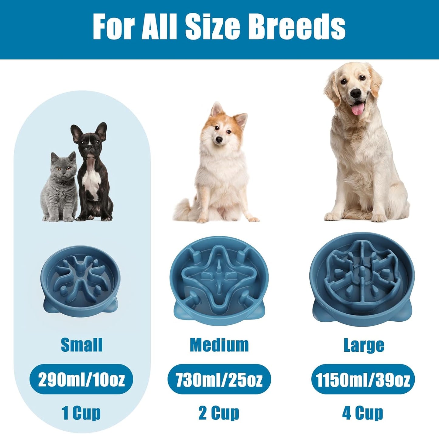 Slow Feeder Dog Bowls Small Breed, Dog Food Bowl Small Anti-Choking Bloat Stop Puzzle Healthy Eating Bowl (Blue, 1 Cup)