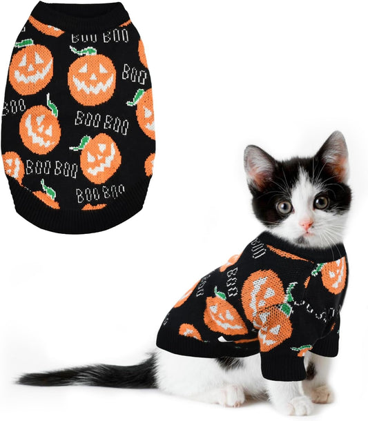 Pet Puppy Dog Halloween Sweater Cat Pumpkin Knitwear Clothes Costume with Cute Boo Pattern Halloween Sweater Coat for Kittens Small Dogs Cats S