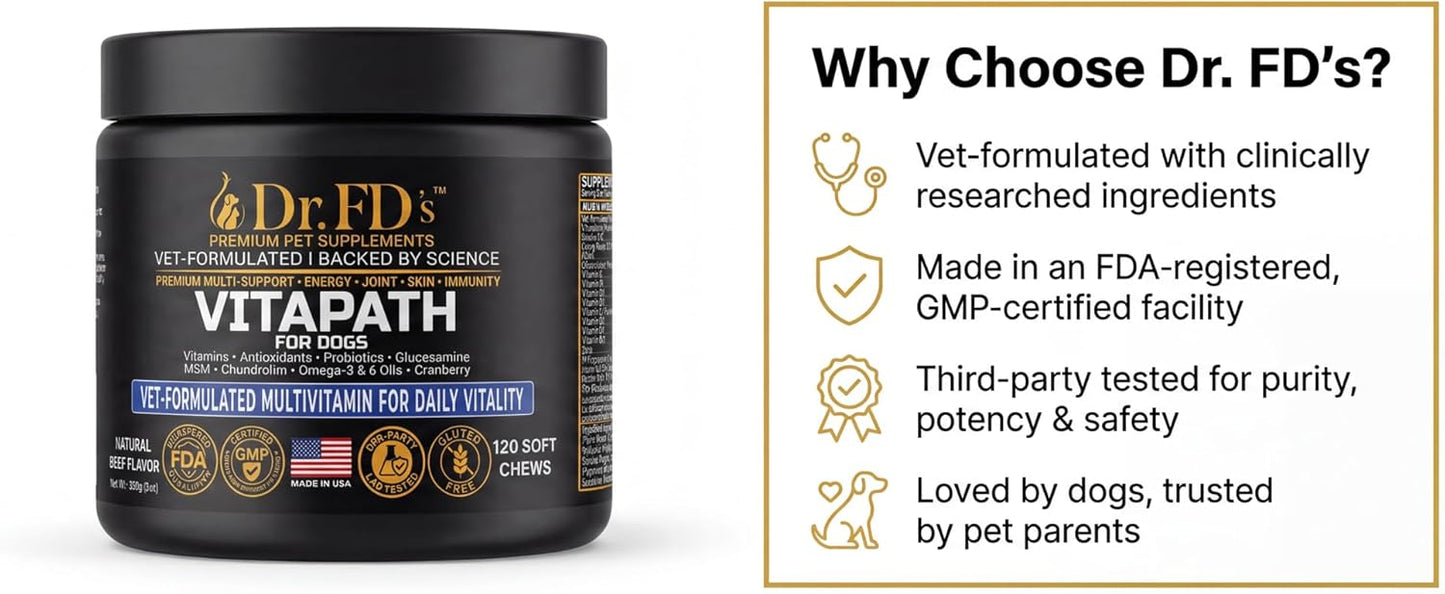 Dr. FD’s VitaPath – Daily Multivitamin for Dogs | Vitamins, Antioxidants & Omegas for Skin, Coat, Immune & Metabolic Health | Natural Beef Flavor | 120 Soft Chews