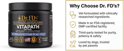 Dr. FD’s VitaPath – Daily Multivitamin for Dogs | Vitamins, Antioxidants & Omegas for Skin, Coat, Immune & Metabolic Health | Natural Beef Flavor | 120 Soft Chews