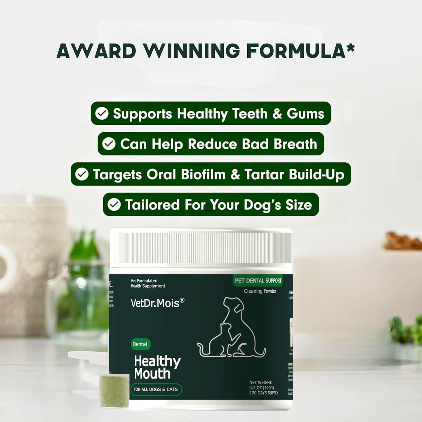 Dog Teeth Cleaning Powder, Dog Dental Powder and Cats Breath Freshener, Plaque Off Pet Tooth Cleaning lab co, Bad Breath & Tartar Remover for Dogs, Dog Teeth Cleaning with Enzymes 120 Day Supply, 120g