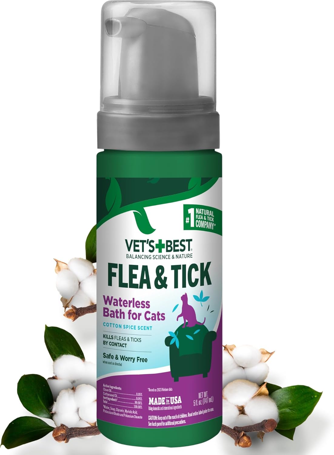 Vet's Best Natural Waterless Flea & Tick Bath for Cats – Natural No-Rinse Dry Shampoo with Plant-Based Ingredients – Flea and Tick Prevention and Control with Certified Essential Oils – 5 oz Bottle
