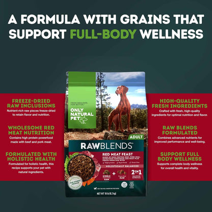 Only Natural Pet Raw Blends Red Meat Feast - Adult Grain-Free High Protein Dog Food - Includes Beef & Pork Meal, Freeze-Dried Raw Superfoods for Holistic Wellness & Full-Body Health - 18 lbs