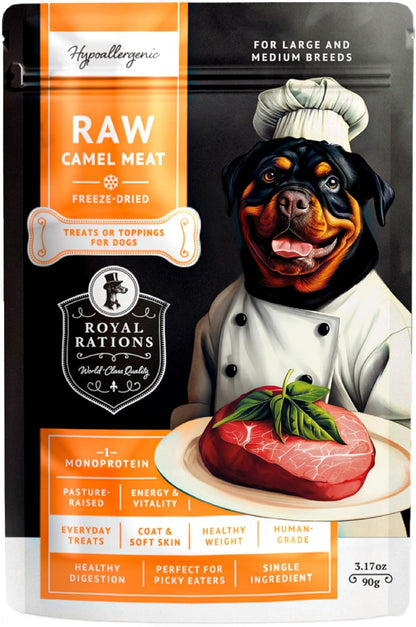 Freeze Dried Raw Dog Food, 100% Camel Meat, Allergy Relief, Monoprotein, Training Treats, Single Ingredient, for Puppies, Adults and Seniors, 3.17 oz Bag (3.17 oz, Pure Camel Meat)