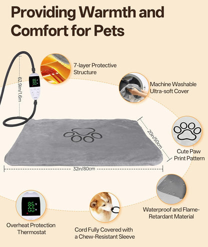 Ringco Large Dog Heating Pad with 12 Adjustable Temperature, Waterproof & Chew Resistant Pet Heating Pad with Timer, Heated Dog Bed with Fleecy Cover (L: 32” x 20”)