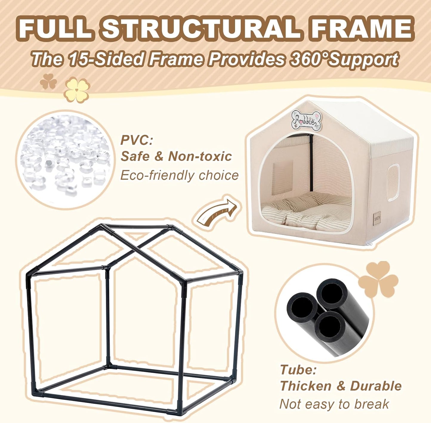 Jiupety Indoor Dog House with Frame, Cute Dog Tent Bed with Cover Cave, Breathable, Washable, and Foldable House, Suitable for 10-20 Lb Puppy and Cats, Medium (17"×17"×17"), Beige