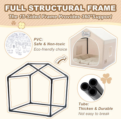 Jiupety Indoor Dog House with Frame, Cute Dog Tent Bed with Cover Cave, Breathable, Washable, and Foldable House, Suitable for 10-20 Lb Puppy and Cats, Medium (17"×17"×17"), Beige