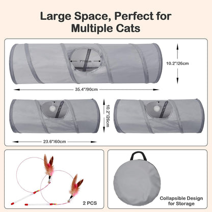 Cat Tunnel 3 Straight Shaped Pet Tunnels, Tube Cat Toys 6 DIY Shapes with Wand Toys, Scratch Resistant Collapsible Cats Tubes for Indoor Puppy, Kitten, Rabbit Silver 82in