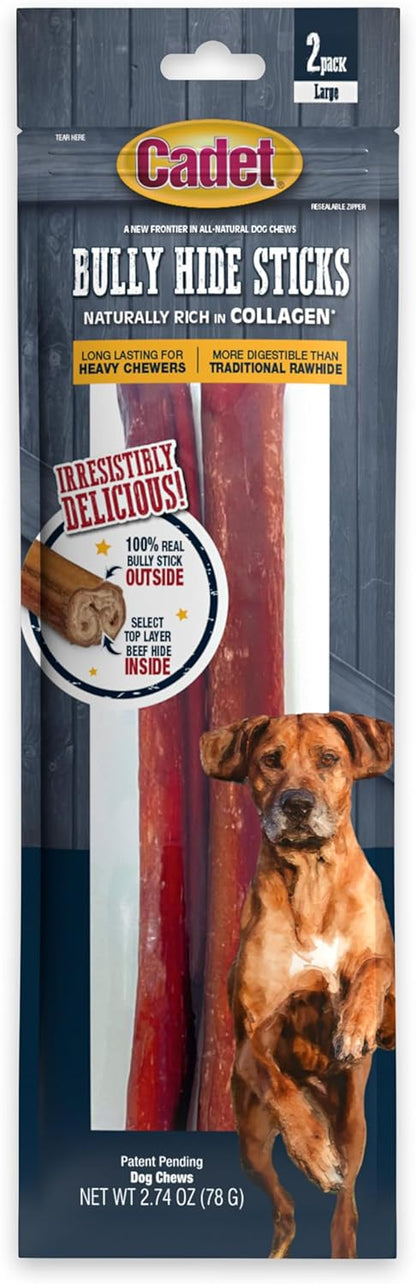 Cadet Bully Hide Sticks for Large Dogs, All-Natural Beef Pizzle, Limited-Ingredient Long-Lasting Dog Chews for Aggressive Chewers, 2 Count