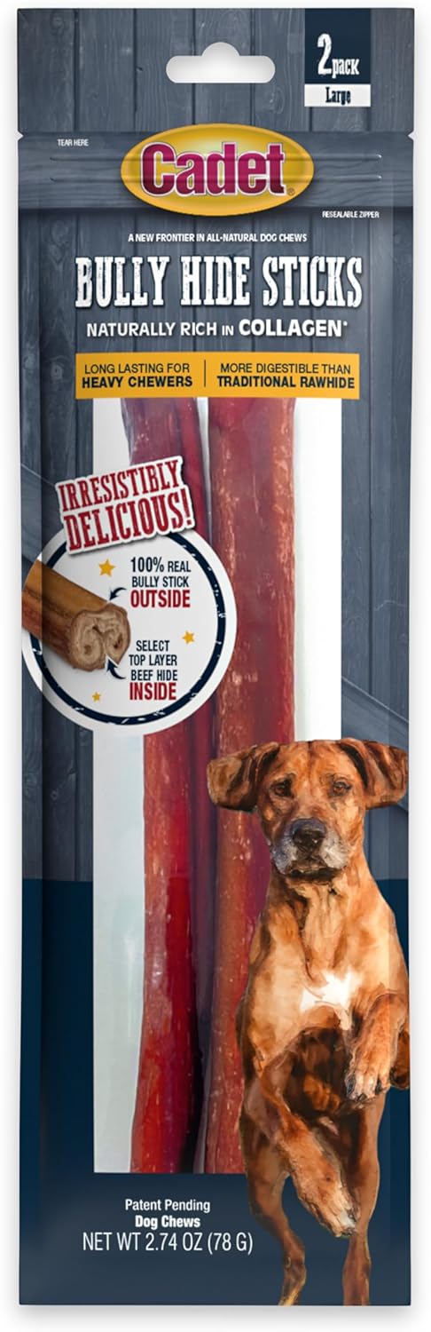 Cadet Bully Hide Sticks for Large Dogs, All-Natural Beef Pizzle, Limited-Ingredient Long-Lasting Dog Chews for Aggressive Chewers, 2 Count