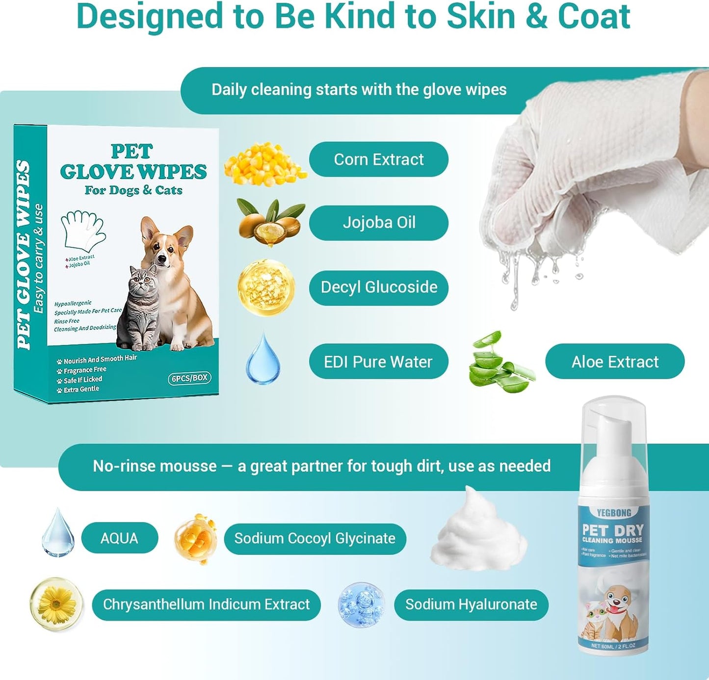 Pet Glove Wipes for Dogs & Cats – Extra Thick Rinse-Free Mittens, Hypoallergenic, Cleansing & Deodorizing, Optional No-Rinse Foam Mousse for Deeper Cleaning, Ideal for Playful & Large Dogs