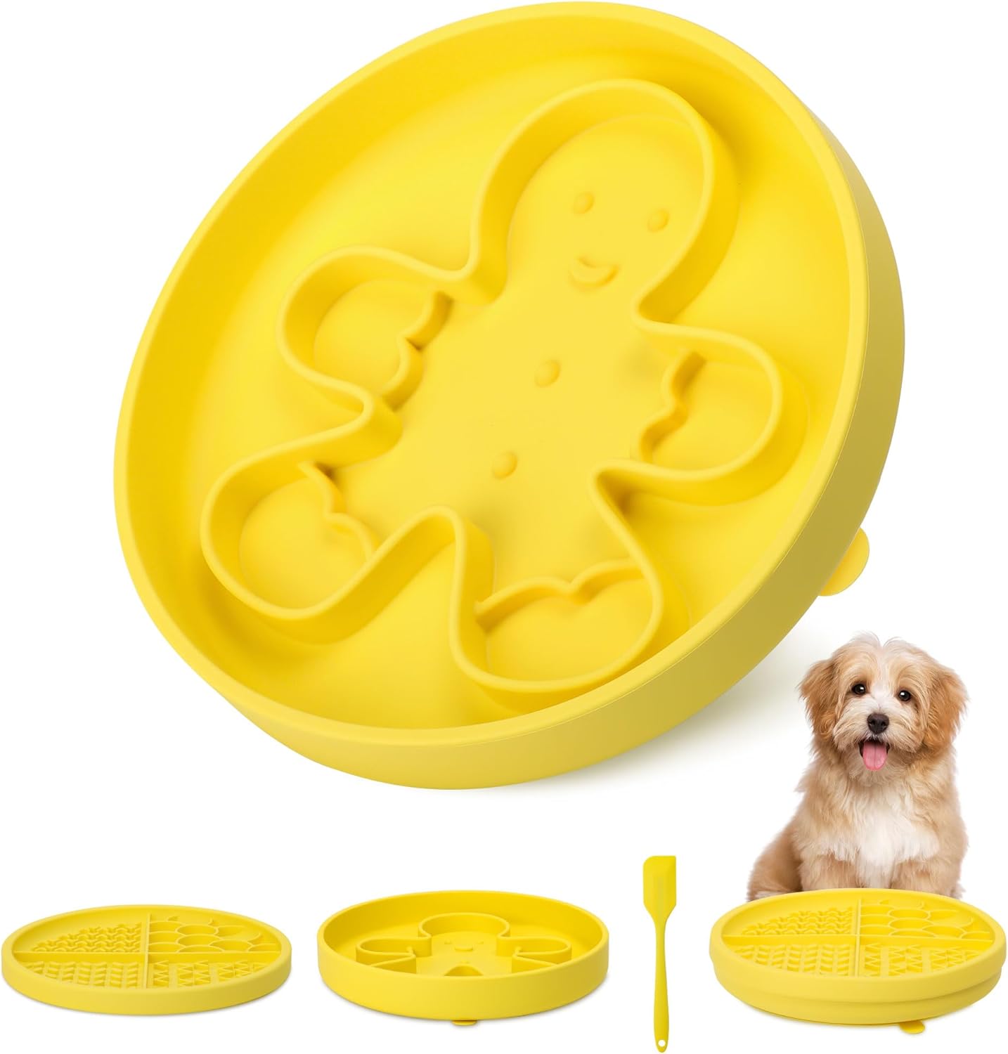 2 in 1 Slow Feeder Dog Bowls with Suction Cups,Silicone Lick Mat for Dogs-DIY Wet Food & Dishwasher Safe, Slow Feeder Bowl for Cats Dog, Lemon, Spatula+UU Bowl+Divided Lick Pad
