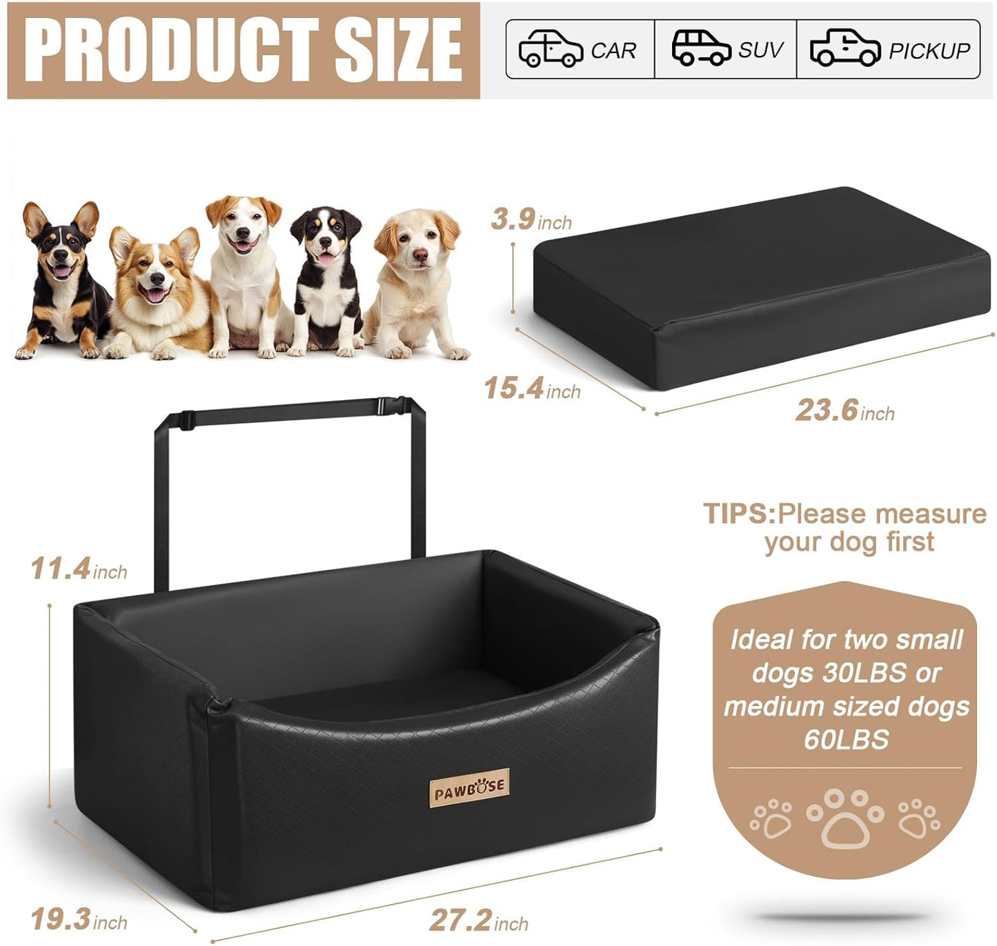 Large Leather Dog Car Seat, Cool and Refreshing Pet Booster Truck Bed with Dog Safety Belt, Waterproof Pet Travel Bed, Summer Elevated Pet Kennel, Easy Cleaning