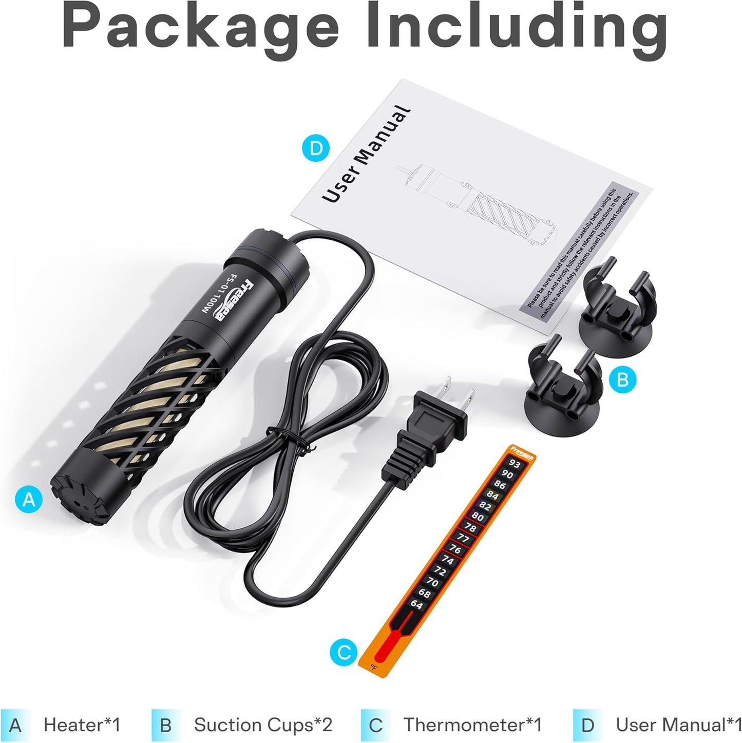 FREESEA Aquarium Heater for Fish Tank: 100W Small Submersible Thermostat with Off-Water Protection & UL Certified Cord for 10-20 Gallon Fish Turtle Tanks Enthusiasts