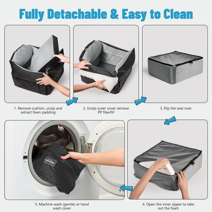 EASTBLUE Dog Car Seat for Small Medium Dogs Up to 35 lbs, 2 Memory Foam Pads Dog Booster Car Seat with Seat Belt, Washable Pet Carseat for Puppy & Cat, Dogs Travel Bed for Cars (Black/Grey-Velvet)