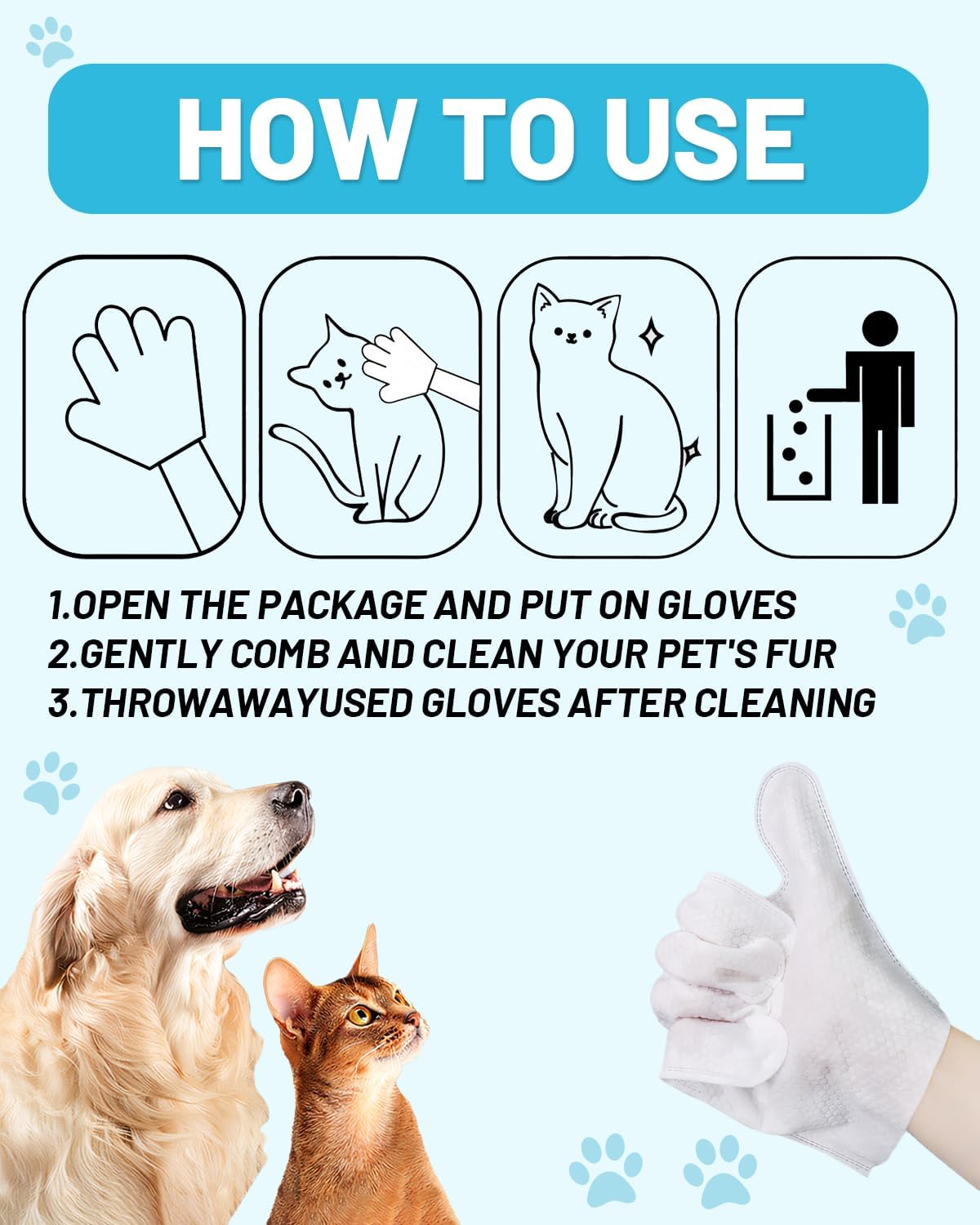 Pet Cleaning and Deodorizing Bathing Disposable Grooming Glove Wipes for Dogs and Cats, Extra Thick Nourish Fur No-Rinse Grooming Wipes for Daily Care and Travel, Hypoallergenic, Unscented, 6PCS/Pack