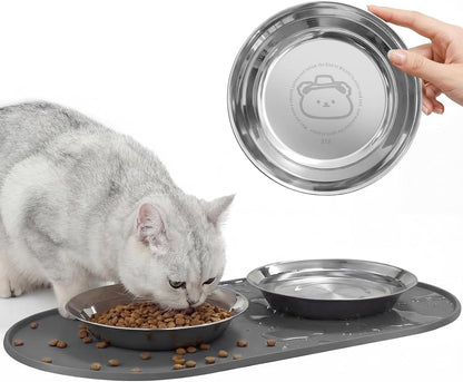3-Pack Cat Bowls with Food Mat,6.3 Inches Stainless Steel Cat Food Bowl,Wide Tapered Design Whisker-Friendly Food and Water Bowl for Feeding Dogs and Cats,Dishwasher Safe,SUS 316