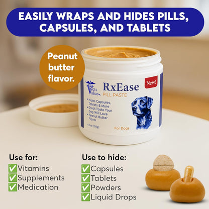 RxEase Paste for Dogs – 4.2 oz Peanut Butter Flavor – Easy Moldable Treat to Hide Capsules & Tablets – Tasty Medication Aid & Alternative to Pill Pockets