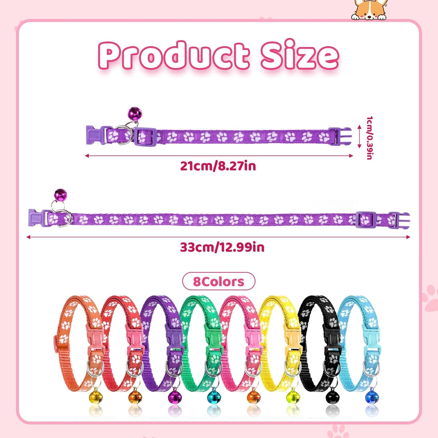 Giantree Puppy Collar with Bell, Puppy Whelping Collars, 8-Pack Basic & Reflective Cat Collars with Bells Colourful Adjustable Dog Collar for Small Pet Female Dogs Tiny Kitten Girls Animal
