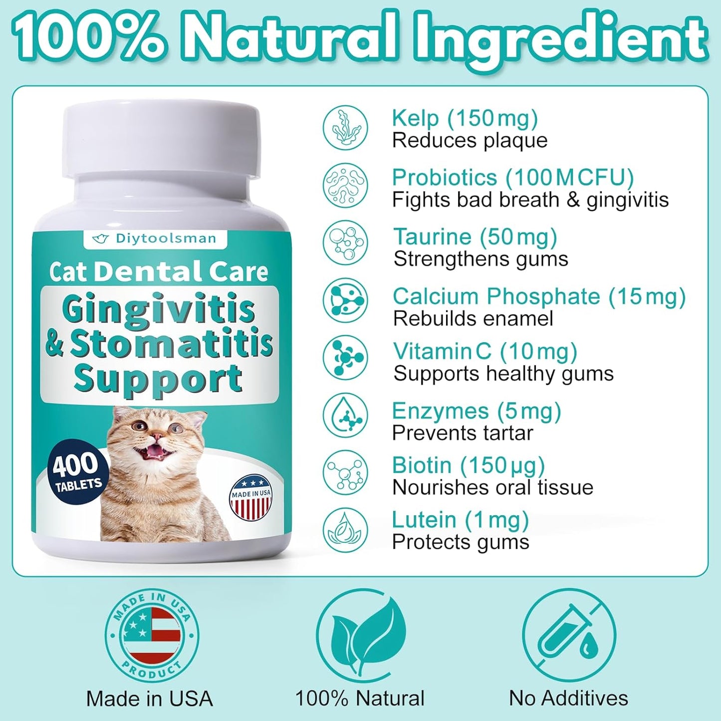 Cat Dental Care, Bad Breath, Stomatitis & Gingivitis Treatment for Cats, Cat Gum Disease Treatment, Cats Oral Health for Teeth, Gums, Mouth and Tartar, 400 Tiny Tablets