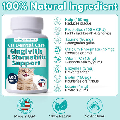 Cat Dental Care, Bad Breath, Stomatitis & Gingivitis Treatment for Cats, Cat Gum Disease Treatment, Cats Oral Health for Teeth, Gums, Mouth and Tartar, 400 Tiny Tablets